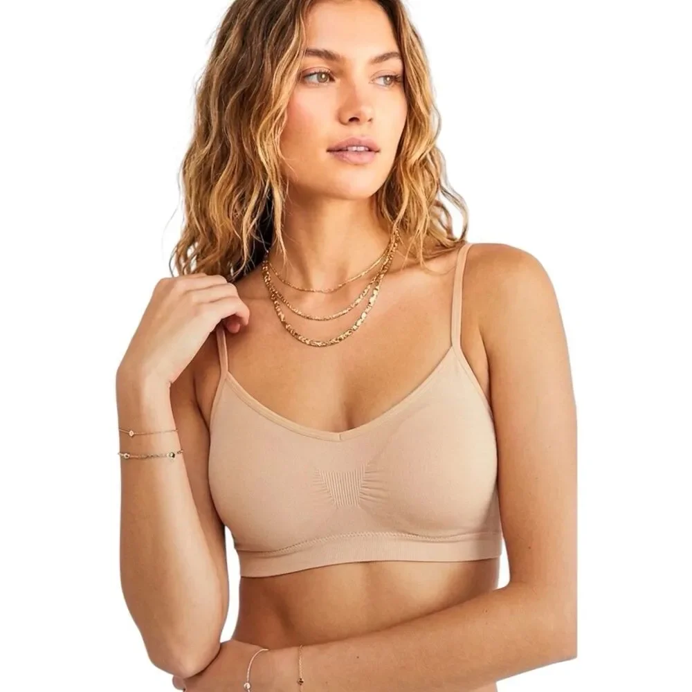Rene Rofe Nude Padded Bra Size Small Sports Pleated Stretch Activewear Gym - Picture 1 of 12